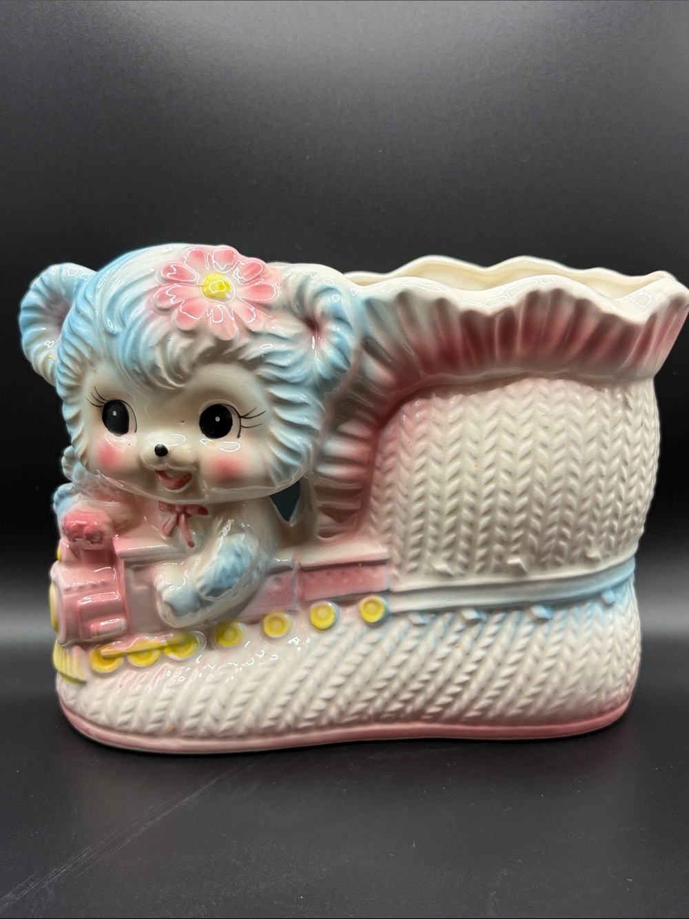Vintage Rubens 3184 Nursery Planter Blue Bear On Train Boot Kawaii Coquette Vase